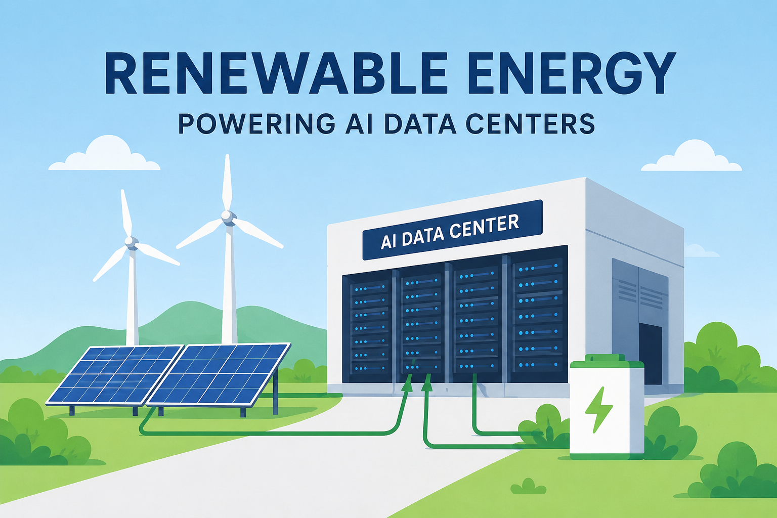 Renewable energy powering AI data centers with solar panels, wind turbines, and sustainable infrastructure